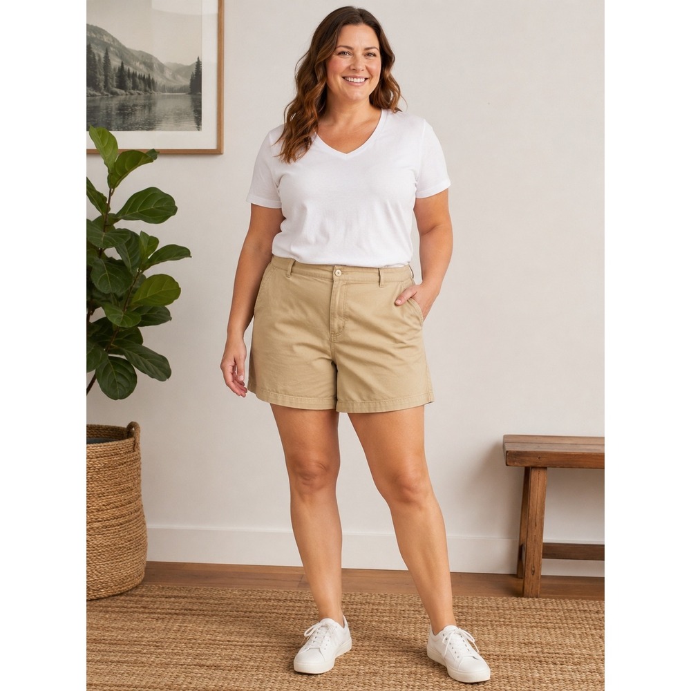 LL Bean Womens Khaki Chino Shorts Size 20 Reg Tan Cotton Twill High Rise 0XM37
